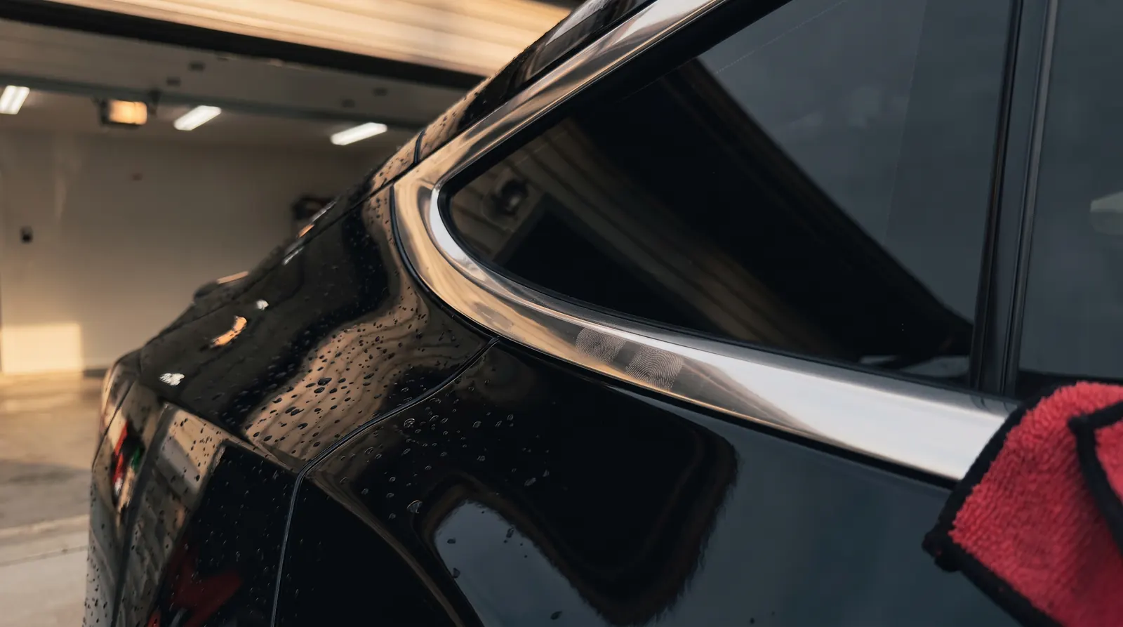 A freshly detailed black car with tinted windows and waxed chrome at Your Top Shop